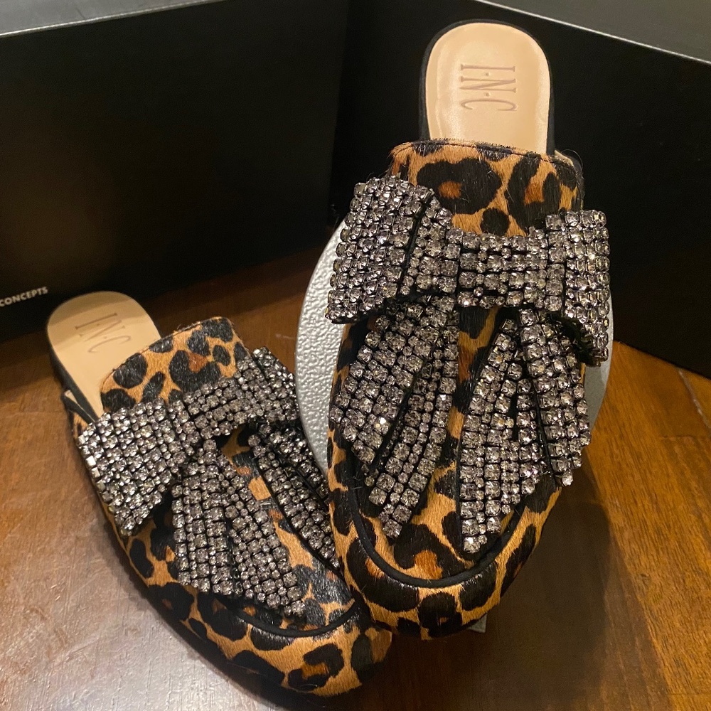 INC Animal Print Mules with Rhinestone Bow